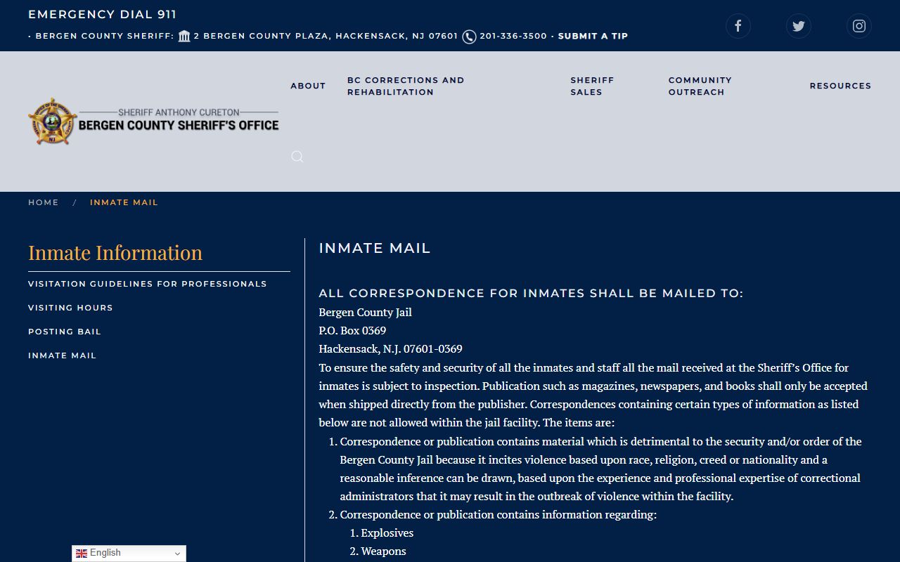 Bergen County Corrections and Rehabilitation Center inmate mail rules