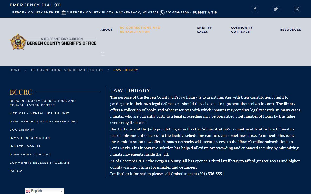 Bergen County Corrections and Rehabilitation Center law library inmate programs
