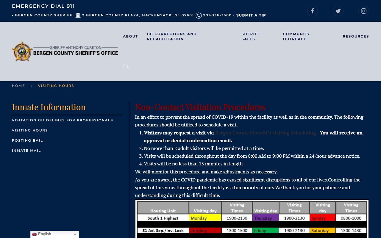 Bergen County Corrections and Rehabilitation Center jail visitation schedule rules
